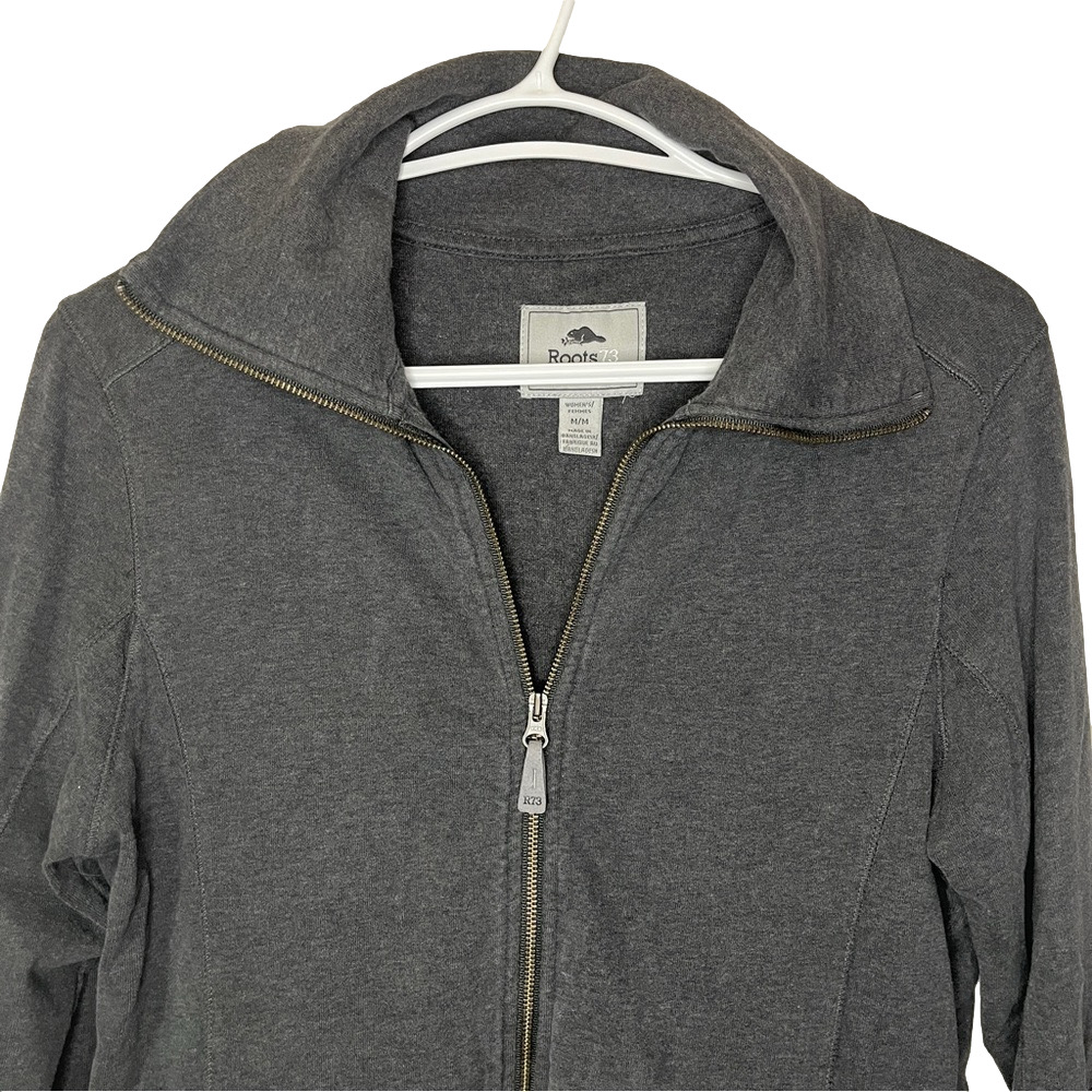 Roots Canada Womens Full Zip Sweater M Gray Collared Knit Cabin Cozy Classic
